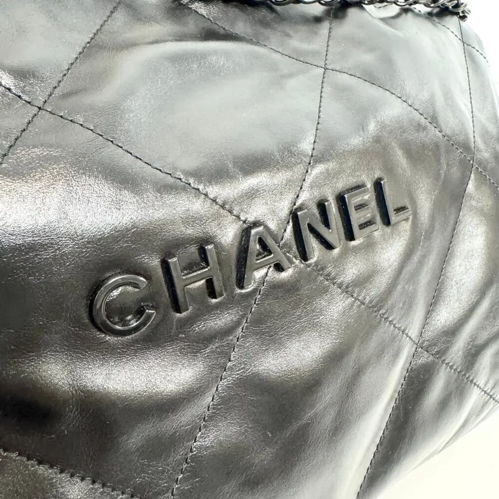 CHANEL 22 So Black Small Quilted Lambskin Tote Logo Shoulder Hobo Bag w Pouch